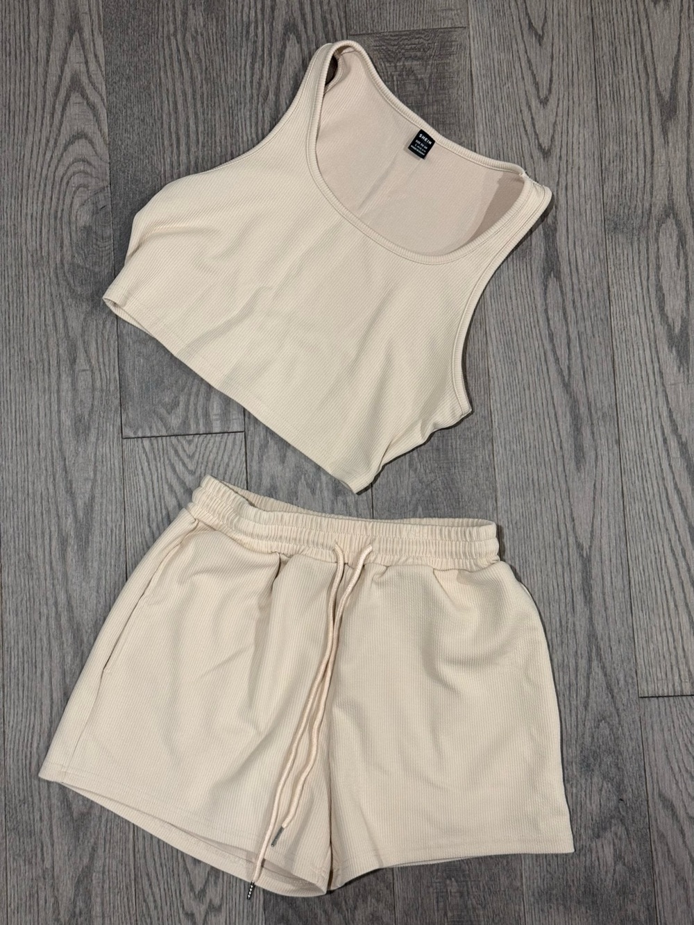 SHEIN Cream Ribbed Cropped Tank & Drawstring Shorts Set - Picture 2 of 4